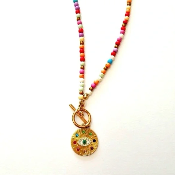 Good Luck Evil Eye Protection Rainbow Beaded Necklace wGold Toggle Clasp Pendant - Picture 2 of 6